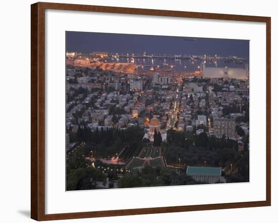 City at Dusk, with Bahai Shrine in Foreground, from Mount Carmel, Haifa, Israel, Middle East-Eitan Simanor-Framed Photographic Print