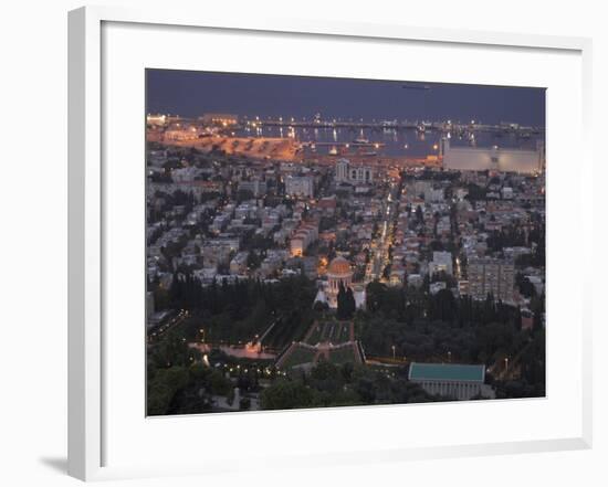 City at Dusk, with Bahai Shrine in Foreground, from Mount Carmel, Haifa, Israel, Middle East-Eitan Simanor-Framed Photographic Print