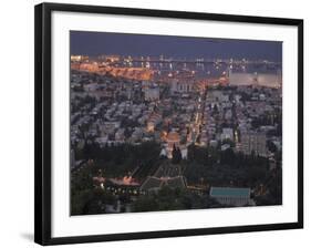 City at Dusk, with Bahai Shrine in Foreground, from Mount Carmel, Haifa, Israel, Middle East-Eitan Simanor-Framed Photographic Print