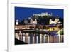 City at Night of Salzach River with Churches of Salzburg and Hohensalzburg Fortress, Austria-Julian Castle-Framed Photo