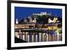 City at Night of Salzach River with Churches of Salzburg and Hohensalzburg Fortress, Austria-Julian Castle-Framed Photo