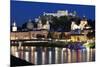 City at Night of Salzach River with Churches of Salzburg and Hohensalzburg Fortress, Austria-Julian Castle-Mounted Photo