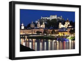 City at Night of Salzach River with Churches of Salzburg and Hohensalzburg Fortress, Austria-Julian Castle-Framed Photo