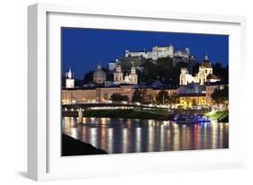 City at Night of Salzach River with Churches of Salzburg and Hohensalzburg Fortress, Austria-Julian Castle-Framed Photo