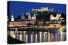 City at Night of Salzach River with Churches of Salzburg and Hohensalzburg Fortress, Austria-Julian Castle-Stretched Canvas