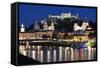 City at Night of Salzach River with Churches of Salzburg and Hohensalzburg Fortress, Austria-Julian Castle-Framed Stretched Canvas