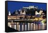 City at Night of Salzach River with Churches of Salzburg and Hohensalzburg Fortress, Austria-Julian Castle-Framed Stretched Canvas