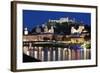 City at Night of Salzach River with Churches of Salzburg and Hohensalzburg Fortress, Austria-Julian Castle-Framed Photo
