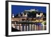 City at Night of Salzach River with Churches of Salzburg and Hohensalzburg Fortress, Austria-Julian Castle-Framed Photo