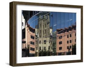 City Council Buildings in Civic Square Reflecting in Glass Wall of Public Library-Nick Servian-Framed Photographic Print