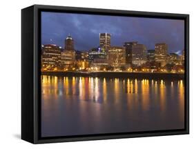City Lights Reflected in the Willamette River, Portland, Oregon, USA-William Sutton-Framed Stretched Canvas