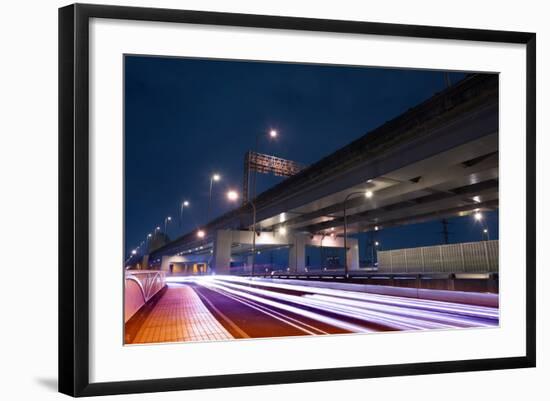 City Night Scene with Light Trails of Cars on Road in Taipei, Taiwan.-elwynn-Framed Photographic Print