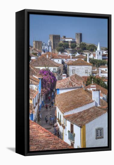 City overview with Medieval Castle in the background, Obidos, Portugal, Europe-Richard Maschmeyer-Framed Stretched Canvas