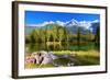 City Park in the Alpine Resort of Chamonix. Cold Lake Surrounded by Trees and Snow-Capped Mountains-kavram-Framed Photographic Print