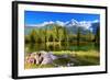 City Park in the Alpine Resort of Chamonix. Cold Lake Surrounded by Trees and Snow-Capped Mountains-kavram-Framed Photographic Print