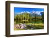 City Park in the Alpine Resort of Chamonix. Cold Lake Surrounded by Trees and Snow-Capped Mountains-kavram-Framed Photographic Print
