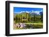 City Park in the Alpine Resort of Chamonix. Cold Lake Surrounded by Trees and Snow-Capped Mountains-kavram-Framed Photographic Print