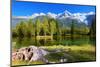 City Park in the Alpine Resort of Chamonix. Cold Lake Surrounded by Trees and Snow-Capped Mountains-kavram-Mounted Photographic Print