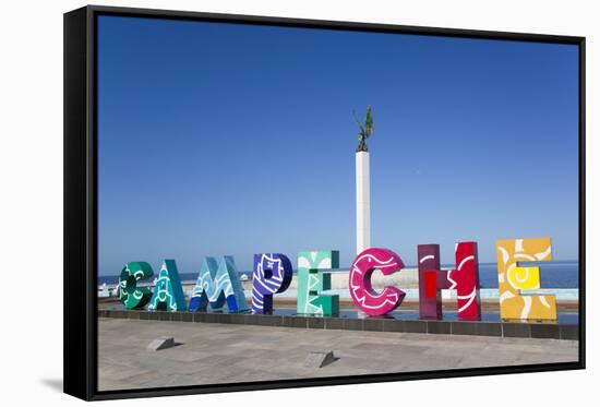 City Sign, Angel Maya Statue in the background, San Francisco del Campeche, State of Campeche-Richard Maschmeyer-Framed Stretched Canvas