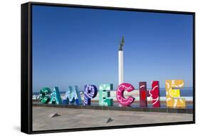 City Sign, Angel Maya Statue in the background, San Francisco del Campeche, State of Campeche-Richard Maschmeyer-Framed Stretched Canvas