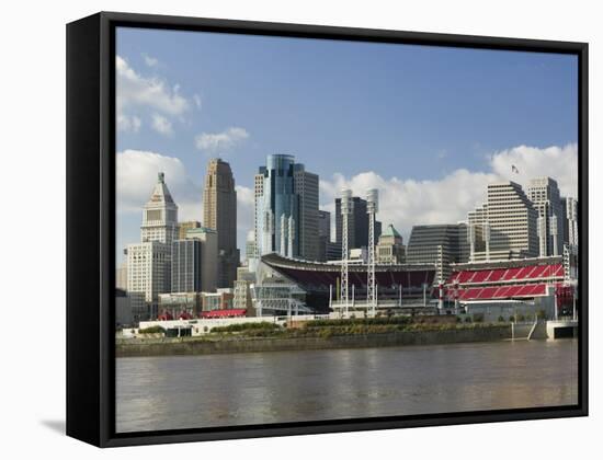 City Skyline along the Ohio River, Cincinnati, Ohio-Walter Bibikow-Framed Stretched Canvas