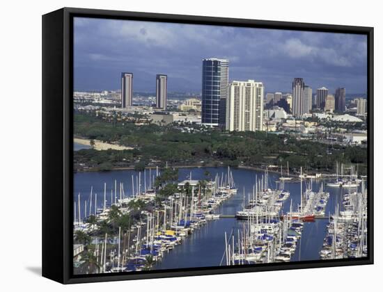 City Skyline and Beach, Honolulu, Oahu, Hawaii-Randa Bishop-Framed Stretched Canvas