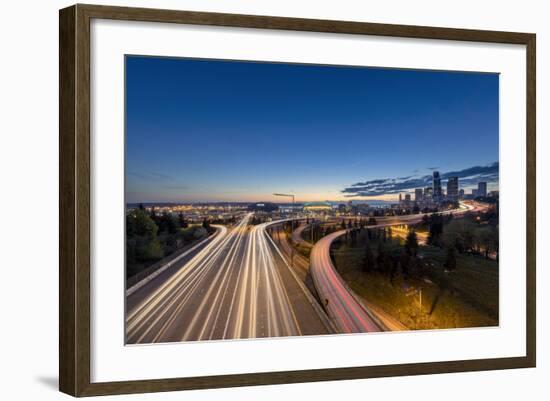 City Skyline and Interstate 90 and 5 from Jose Rizal Bridge in Downtown Seattle, Washington State-Chuck Haney-Framed Photographic Print