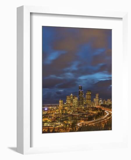 City skyline and Interstate 90 and 5 from Rizal Bridge in downtown Seattle, Washington State, USA-Chuck Haney-Framed Photographic Print