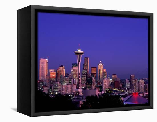 City Skyline and Space Needle, Mount Rainier in Background, Seattle, Washington, USA-Steve Vidler-Framed Stretched Canvas