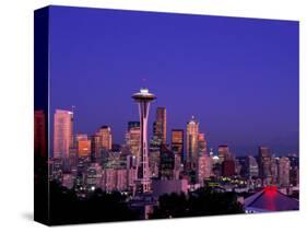 City Skyline and Space Needle, Mount Rainier in Background, Seattle, Washington, USA-Steve Vidler-Stretched Canvas