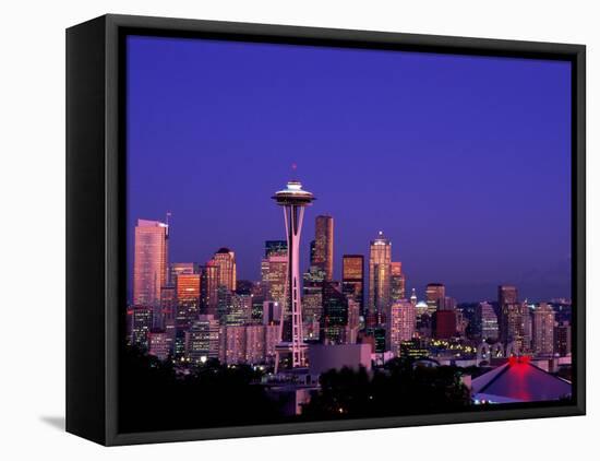 City Skyline and Space Needle, Mount Rainier in Background, Seattle, Washington, USA-Steve Vidler-Framed Stretched Canvas