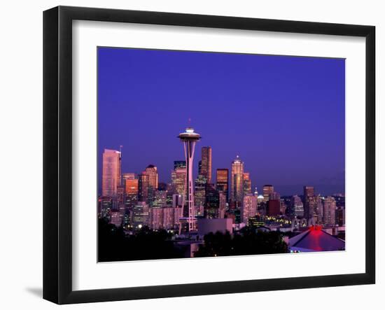 City Skyline and Space Needle, Mount Rainier in Background, Seattle, Washington, USA-Steve Vidler-Framed Photographic Print