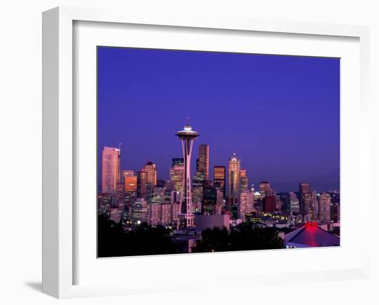 City Skyline and Space Needle, Mount Rainier in Background, Seattle, Washington, USA-Steve Vidler-Framed Photographic Print