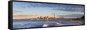 City Skyline and Waitemata Harbour Illuminated at Sunset, Auckland, North Island, New Zealand-Doug Pearson-Framed Stretched Canvas