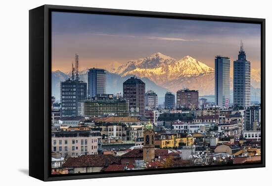 City Skyline at Sunset with the Snowy Alps in the Background, Milan, Lombardy, Italy-Stefano Politi Markovina-Framed Stretched Canvas