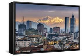 City Skyline at Sunset with the Snowy Alps in the Background, Milan, Lombardy, Italy-Stefano Politi Markovina-Framed Stretched Canvas