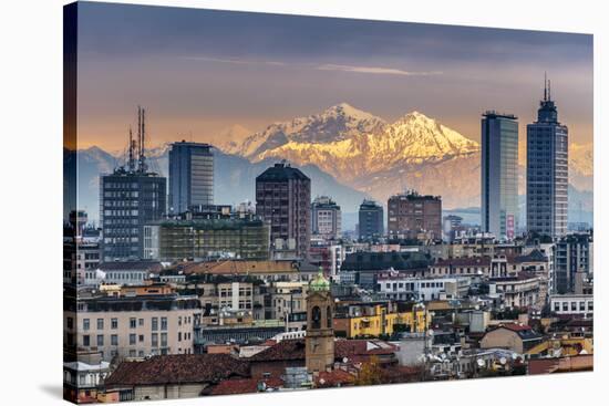 City Skyline at Sunset with the Snowy Alps in the Background, Milan, Lombardy, Italy-Stefano Politi Markovina-Stretched Canvas