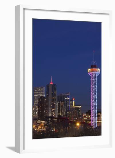 City Skyline Dusk with Elitch Gardens Theme Park Tower, Denver, Colorado, USA-Walter Bibikow-Framed Photographic Print