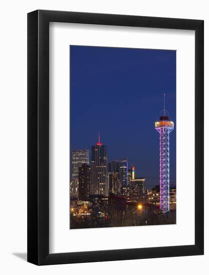 City Skyline Dusk with Elitch Gardens Theme Park Tower, Denver, Colorado, USA-Walter Bibikow-Framed Photographic Print