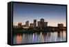 City Skyline from the Arkansas River, Dusk, Little Rock, Arkansas, USA-Walter Bibikow-Framed Stretched Canvas