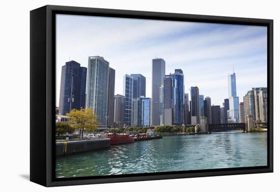 City Skyline from the Chicago River, Chicago, Illinois, United States of America, North America-Amanda Hall-Framed Stretched Canvas