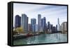 City Skyline from the Chicago River, Chicago, Illinois, United States of America, North America-Amanda Hall-Framed Stretched Canvas