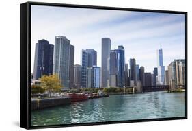 City Skyline from the Chicago River, Chicago, Illinois, United States of America, North America-Amanda Hall-Framed Stretched Canvas