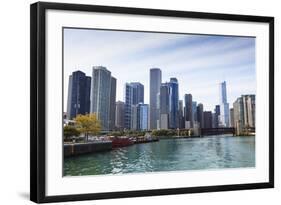 City Skyline from the Chicago River, Chicago, Illinois, United States of America, North America-Amanda Hall-Framed Photographic Print