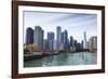 City Skyline from the Chicago River, Chicago, Illinois, United States of America, North America-Amanda Hall-Framed Photographic Print