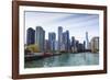 City Skyline from the Chicago River, Chicago, Illinois, United States of America, North America-Amanda Hall-Framed Photographic Print