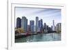 City Skyline from the Chicago River, Chicago, Illinois, United States of America, North America-Amanda Hall-Framed Premium Photographic Print