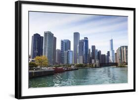 City Skyline from the Chicago River, Chicago, Illinois, United States of America, North America-Amanda Hall-Framed Premium Photographic Print