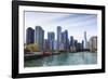 City Skyline from the Chicago River, Chicago, Illinois, United States of America, North America-Amanda Hall-Framed Premium Photographic Print