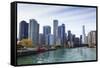 City Skyline from the Chicago River, Chicago, Illinois, United States of America, North America-Amanda Hall-Framed Stretched Canvas